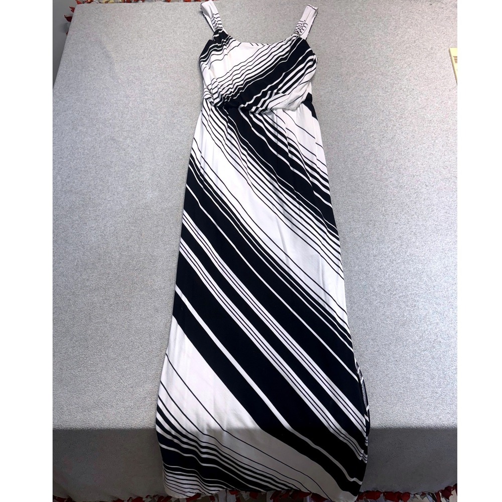 WHBM Womens XS Black White Striped Maxi Dress Sleeveless Empire Waist Summer
